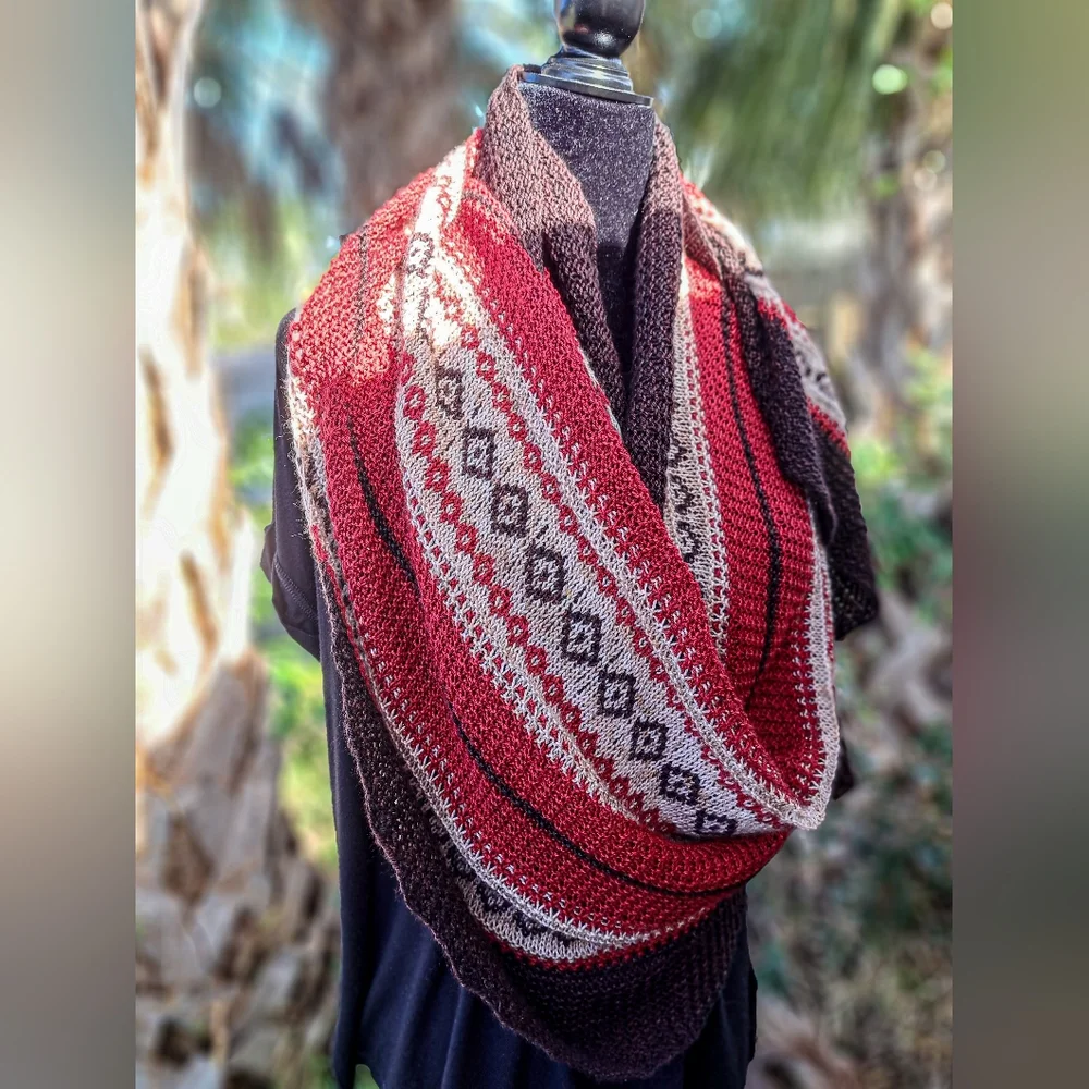 Hand Knitted Shawl One of a Kind Elegant Red Beige Coffee Brown Merino Wool - Picture 6 of 15